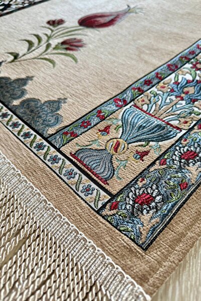 MUSK STORE Tulip Design Luxury Quilted Chenille Fabric Prayer Mat 115X66 Cm. 800g. Dark Beige