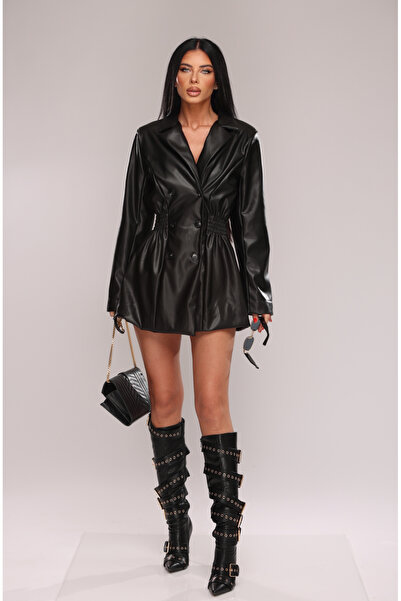 Pretty Rochie neagra cu nasturi din piele ecologica