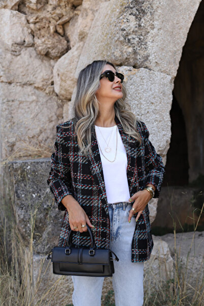 bytugcekaya Siyah Kırmızı Kareli Kruvaze Blazer