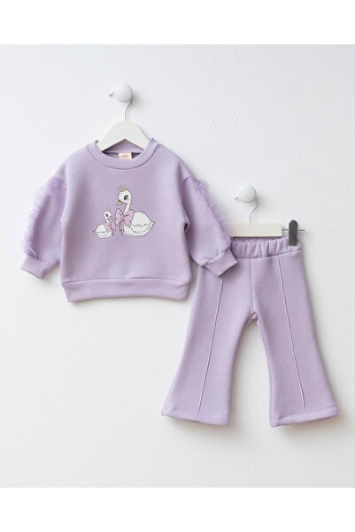 Magu Kız Çocuk Pamuklu Lila Kuğu Baskılı Sweatshirt İspanyol Paça Takım – Tül...