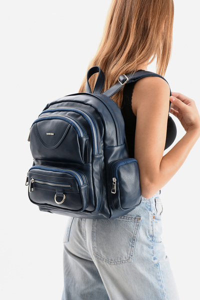 H&D COLLECTİON Mega women's faux leather navy blue multi-compartment waterproof backpack