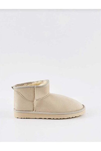 WEBORN Ultra Mini Kışlık Bej Süet Kısa Bilek İçi Tüylü Kürklü İnce Taban Sıcak Kadın Bot