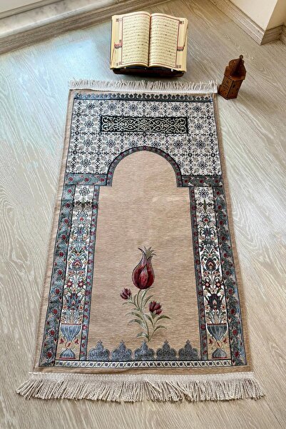 MUSK STORE Tulip Design Luxury Quilted Chenille Fabric Prayer Mat 115X66 Cm. 800g. Dark Beige