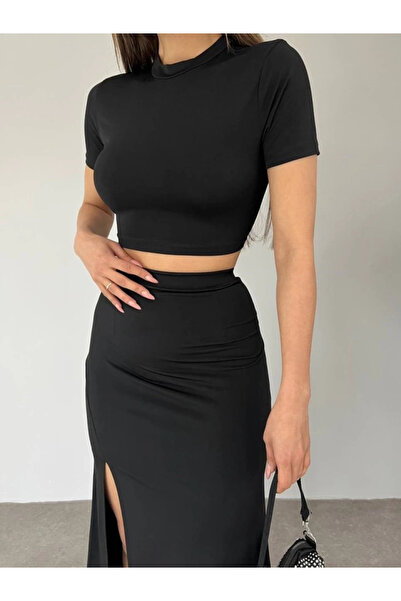 MetuCA Her skirt is Slit sandy crop set - black