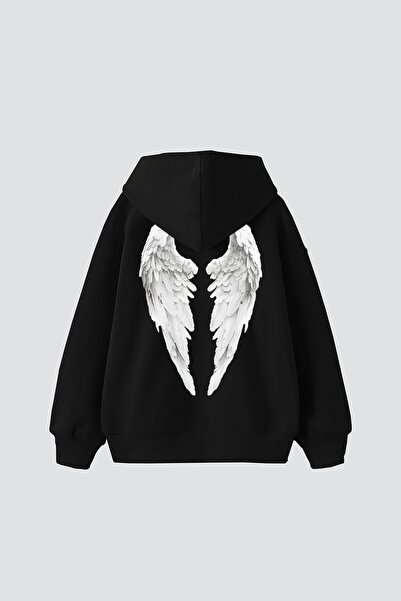 Bak Moda Μαύρο φούτερ με κουκούλα με στάμπα με φτερά, μεγάλου μεγέθους, unisex