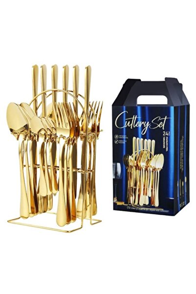 Promagg Complete Stainless Steel Cutlery Set, 24 Pieces, with Cutlery Holder, Gold