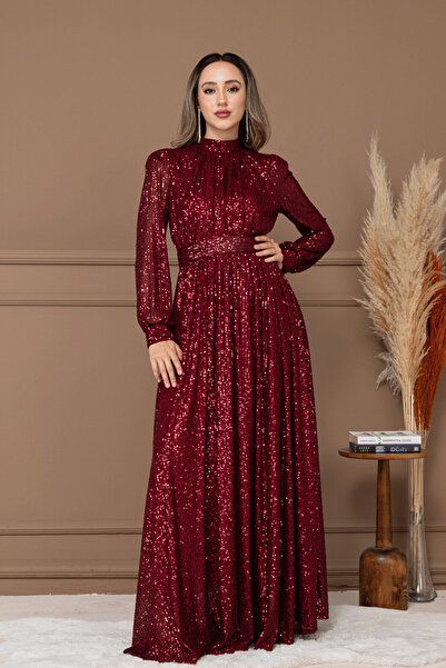 BEYBOS Pul Tül Payet Kumaş Büzgü Detaylı Kiloş Elbise - BORDO