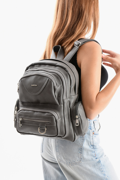 H&D COLLECTİON Mega Women's Faux Leather Anthracite Multi-Compartment Waterproof Backpack
