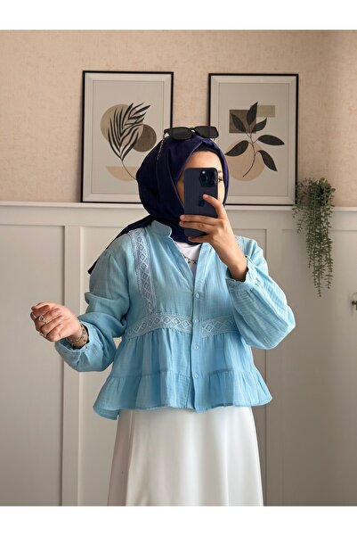 Dorcha Dantel Detaylı Muslin Kumaş Kısa Bluz Bebekmavisi