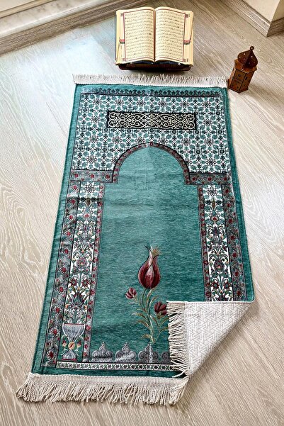MUSK STORE Tulip Design Luxury Quilted Chenille Fabric Prayer Mat 115X66 Cm. 800g. Turquoise