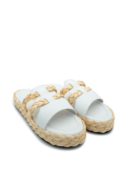 LamintaGlobal Frida White Straw Striped Women's Slippers