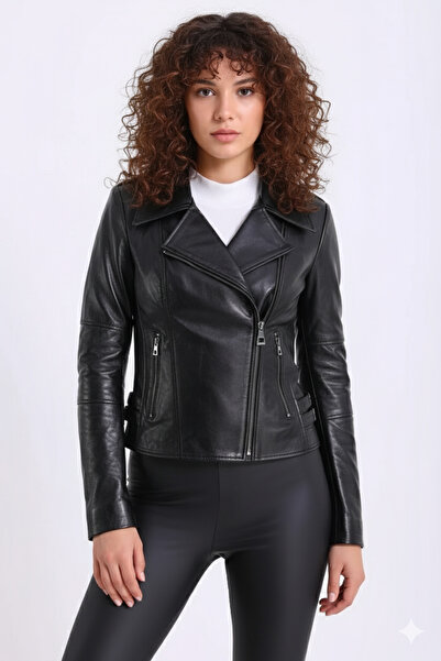 royalmoni Hakiki Kuzu Derisi Fermuarlı Siyah Deri Kadın Montu: Biker Stili, Geniş Yakalı ve Yan Cepli
