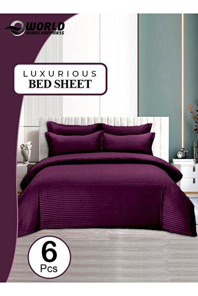 Eworld طقم سرير قطني مخطط باللون الأرجواني، مقاس كينج، مكون من 6 قطع، مع ملاء...