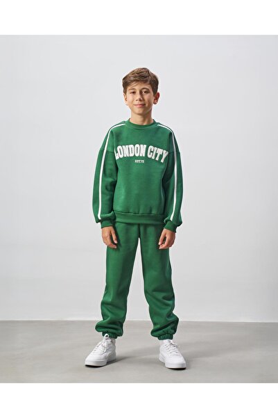 Magu طقم رياضي للأولاد مكون من قميص من النوع الثقيل مطبوع عليه مدينة لندن بال...