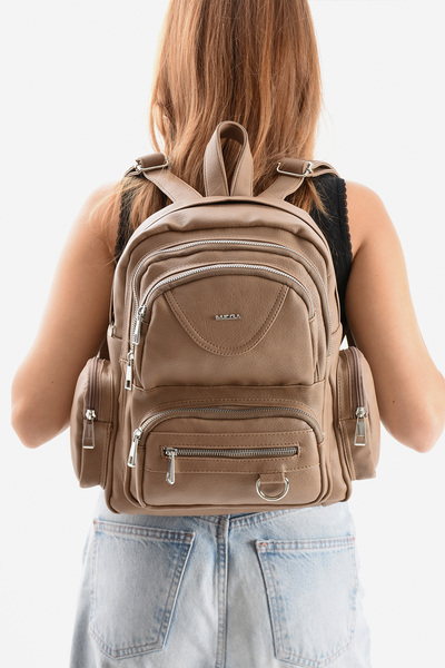 H&D COLLECTİON Mega Women's Faux Leather Multi-Compartment Waterproof Backpack