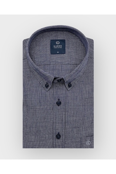 KAMER Men's Regular Fit Long Sleeve 100% Cotton Button-Up Collar Single Pocket Navy Blue Shirt 3814L