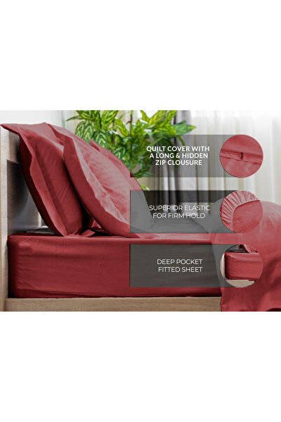 Eworld 6-Piece King Size Maroon Striped Cotton Bedding Set with Fitted Sheet, Quilt Cover & Pillowcases