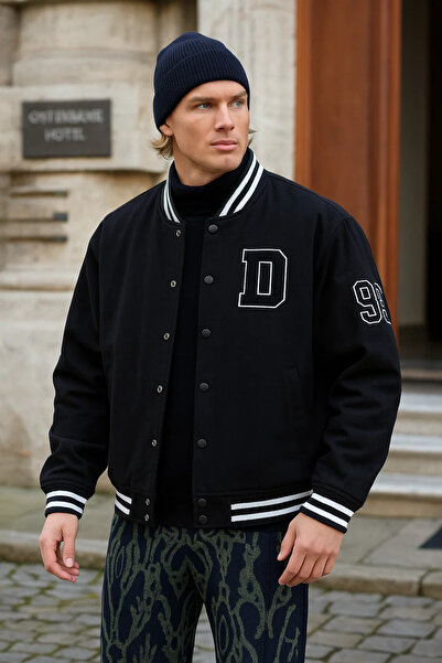 DAMGA JEANS Men's Oversize Embroidered Black Loose Jeans College Jacket