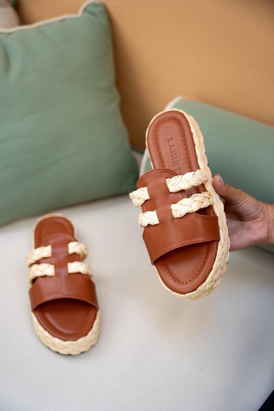 LamintaGlobal Frida Tan Straw Striped Women's Slippers