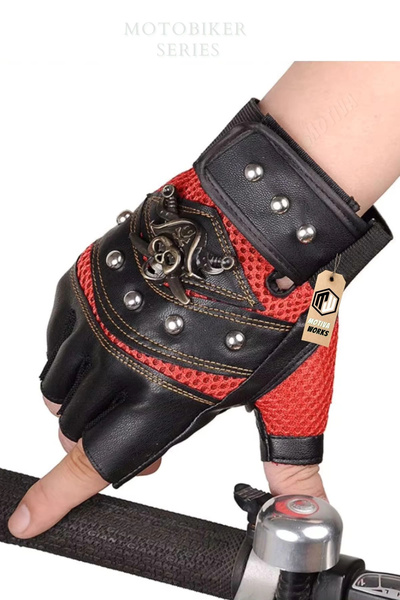 Motiva Leather Sports Red Pirate Skeleton Bike Motorcycle Short Summer Isn Gloves Oversize Unisex