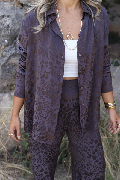 bytugcekaya Coffee Satin Leopard Pattern Shirt and Pants Set