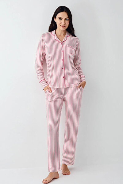 Pierre Cardin Gömlek Yaka, Cepli, Kadın Pijama Takımı, Önden Düğmeli, Uzun Kollu, %50 Pamuk & %50 Modal