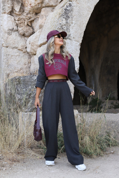 bytugcekaya Antrasit Şerit Bel Detaylı Bordo Sweat Pantolon Takım