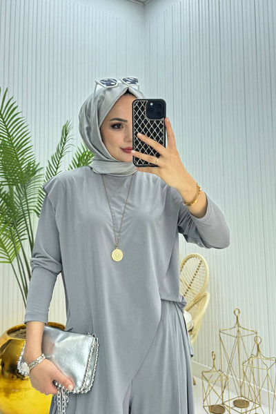 Neşeli Butik Women's Candy Fabric Asymmetrical Cut Tunic Pants Two-Piece Hijab Suit Nms072