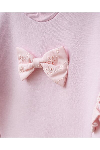 Magu Baby Girl Cotton Pink Bow Detailed Sweatshirt Spanish Flared Pants Set - Stylish Design with Lace Ruffles
