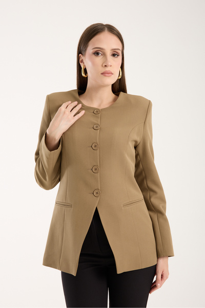 Bolivente Dark Khaki Crew Neck Regular Woven Jacket