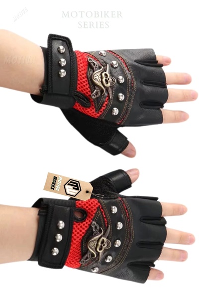 Motiva Leather Sports Red Pirate Skeleton Bike Motorcycle Short Summer Isn Gloves Oversize Unisex