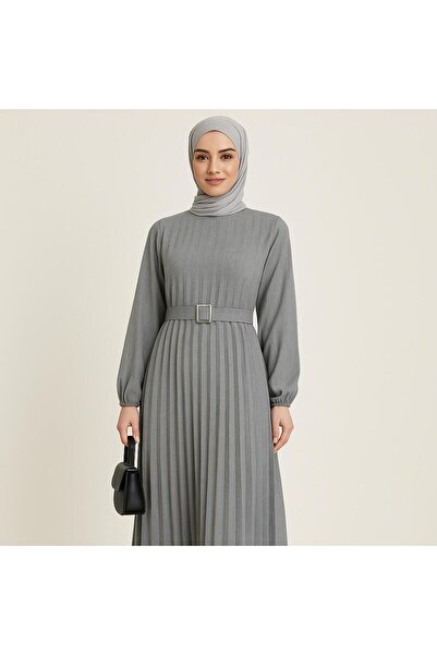 Sfg Life Moda Women's Crew Neck, Stylish Pleated Linen Dress with Elastic Sleeves and Belt