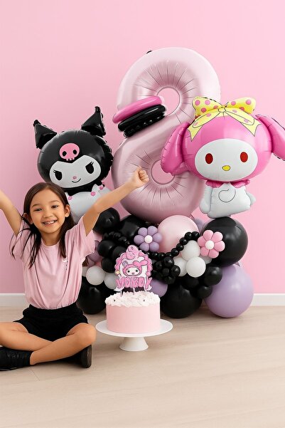 PARTİAVM 8 Yaş Kuromi ve My Melodi Doğum Günü Balon Seti Siyah Rakam Pembe Mo...