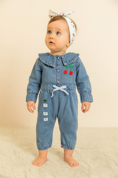 CROCODAYS Baby Girl Denim (Jeans) Romper with Bandana and Cherry Accessories (6/9/12/18) Months