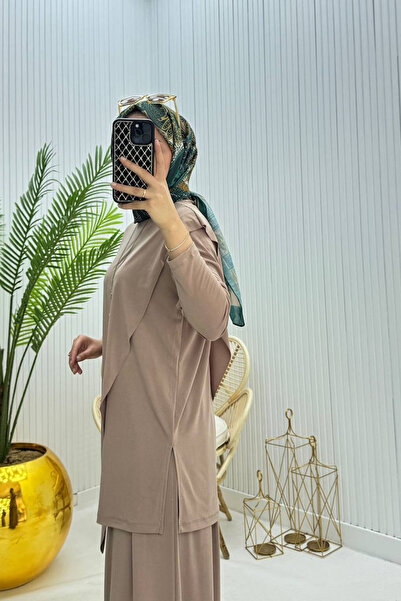 Neşeli Butik Women's Candy Fabric Asymmetrical Cut Tunic Pants Two-Piece Hijab Suit Nms072