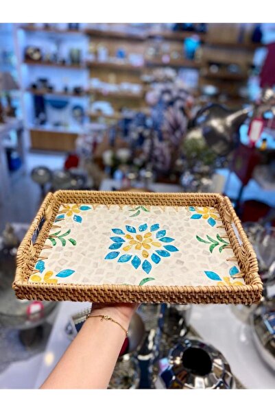 ÇIRPAN EV SARI MAVİ DİKDÖRTGEN RATTAN TEPSİ 32X24CM