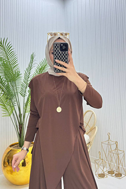 Neşeli Butik Women's Candy Fabric Asymmetrical Cut Tunic Pants Two-Piece Hijab Suit Nms072