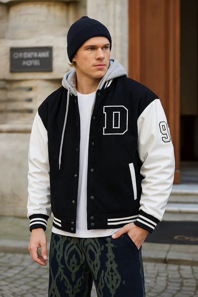 DAMGA JEANS سترة جامعية من الدنيم الأسود ذات قلنسوة كبيرة الحجم للرجال