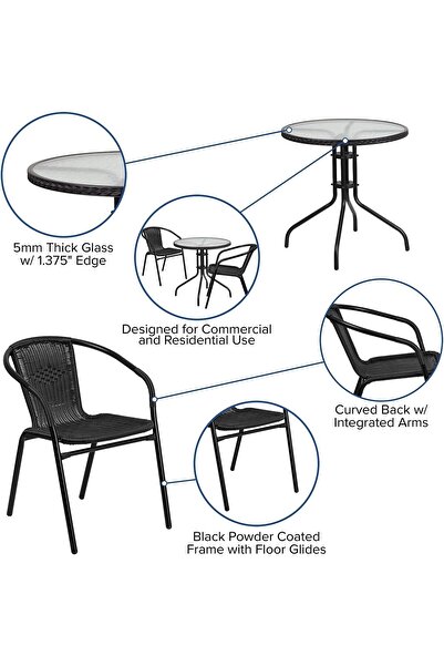 Flash Furniture Lila 28'' Round Glass Metal Table with Black Rattan Edging and 2 Black Rattan Stack