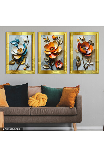 Evinemoda Πολύχρωμα λουλούδια 3 τεμαχίων χρυσό πλεξιγκλάς ζωγραφική με καθρέφτη