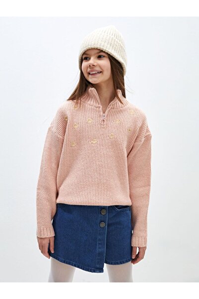 LC Waikiki LCW Kids Yarım Balıkçı Yaka Nakışlı Uzun Kollu Kız Çocuk Triko Kazak