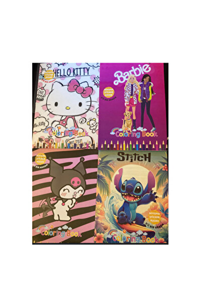 Coloring Book 4'lü Boyama Barbie Kuromi Hello Kity Stitch Stickerlı Maskeli B...