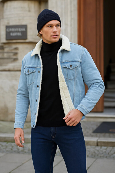 DAMGA JEANS Men's Plush Fur Basic Casual B.Blue Denim Jacket