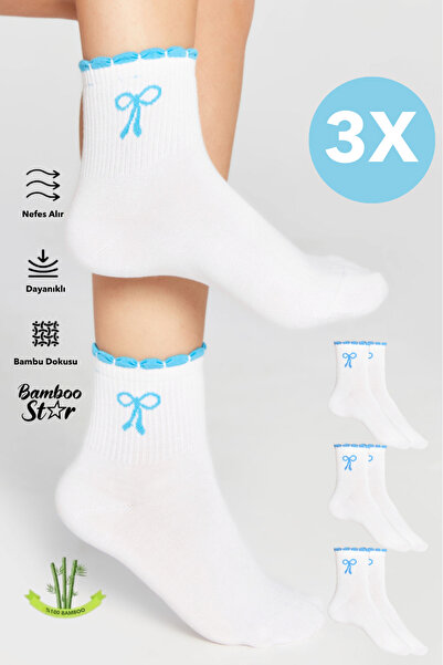 bamboo star Bambu Kadın Mavi Fırfırlı Tenis Kolej Fiyonk Desenli Premium Diki...