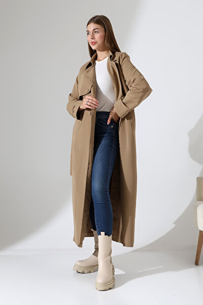 B.HE.Z Linen Fabric Long Length Buttoned Lined Soft Textured Trench Jeans Mink