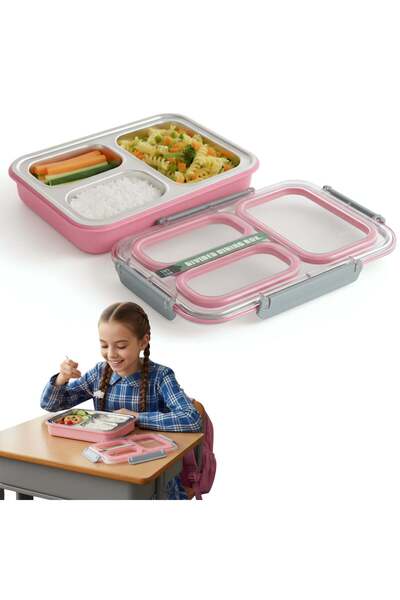 Köken Lunch Box, Stainless Steel, Children's School Casserole with 3 Compartments, 27.5 x 20.6 cm, Pink