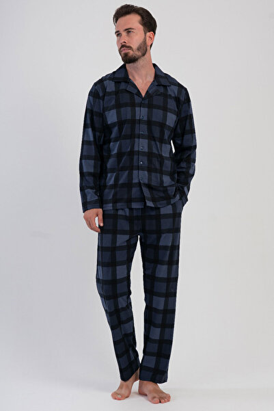 VİENETTA Βαμβακερό ανδρικό κοστούμι πιτζάμα με μακρυμάνικο γιακά με όλα τα κουμπιά, 503185