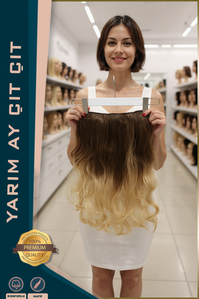 KONAK PERUK Fiber Sentetik Yarım Ay Çıtçıt - Koyu Kumral / Bal köpüğü Ombreli