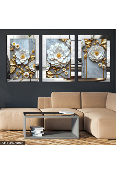 Evinemoda Beyaz Çiçek 3 Parça Gümüş Pleksi Aynalı Tablo