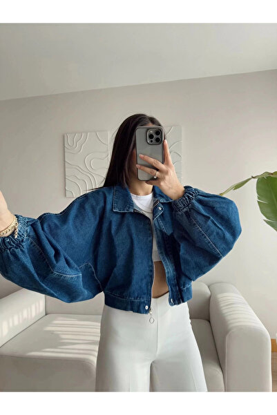 Zoom Butik Yarasa Balon Kol Denim Ceket - KOYU MAVİ